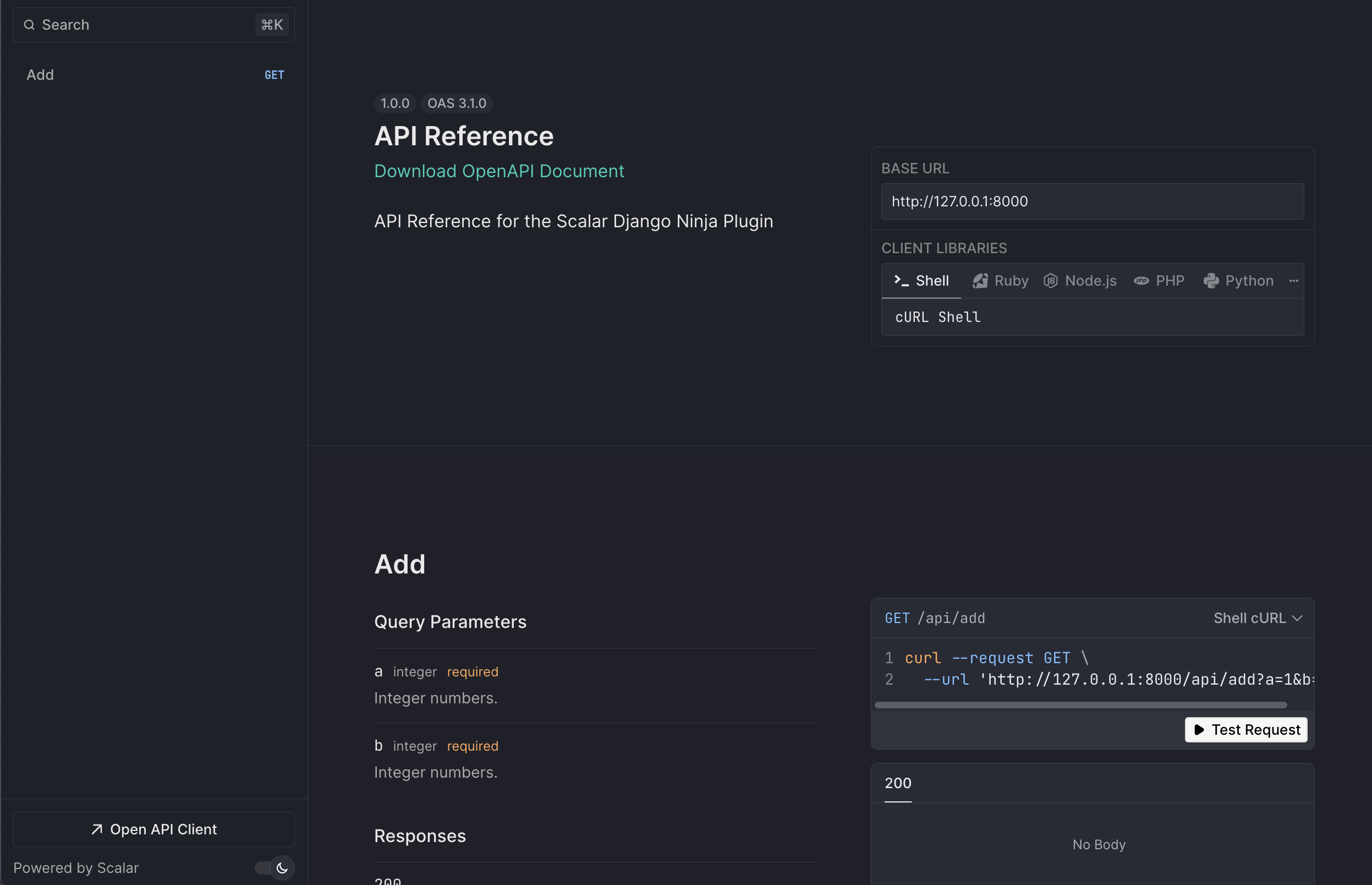 Screenshot of the Django Ninja integration