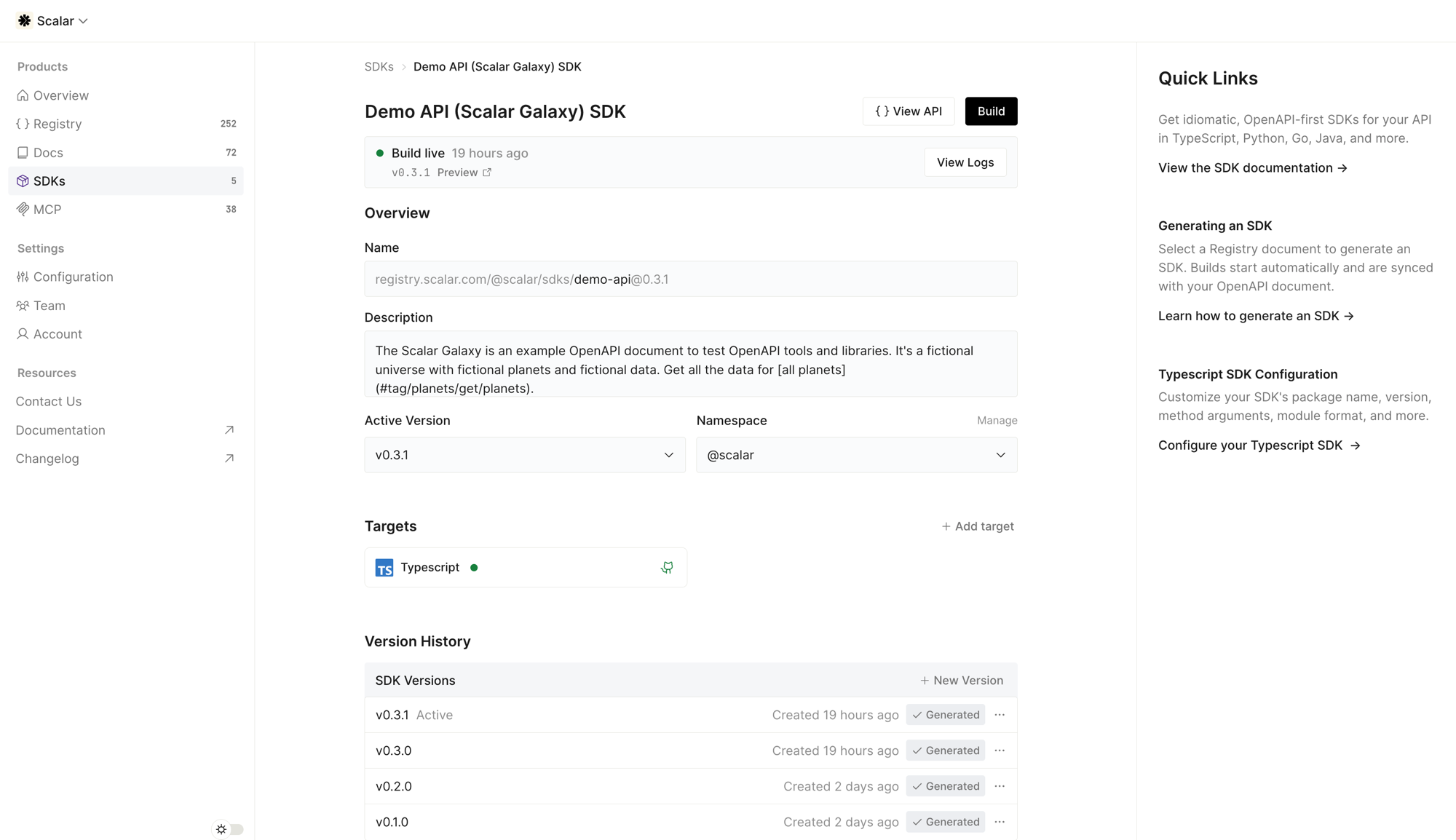 An SDK in the Scalar dashboard showing build status, targets, and version history